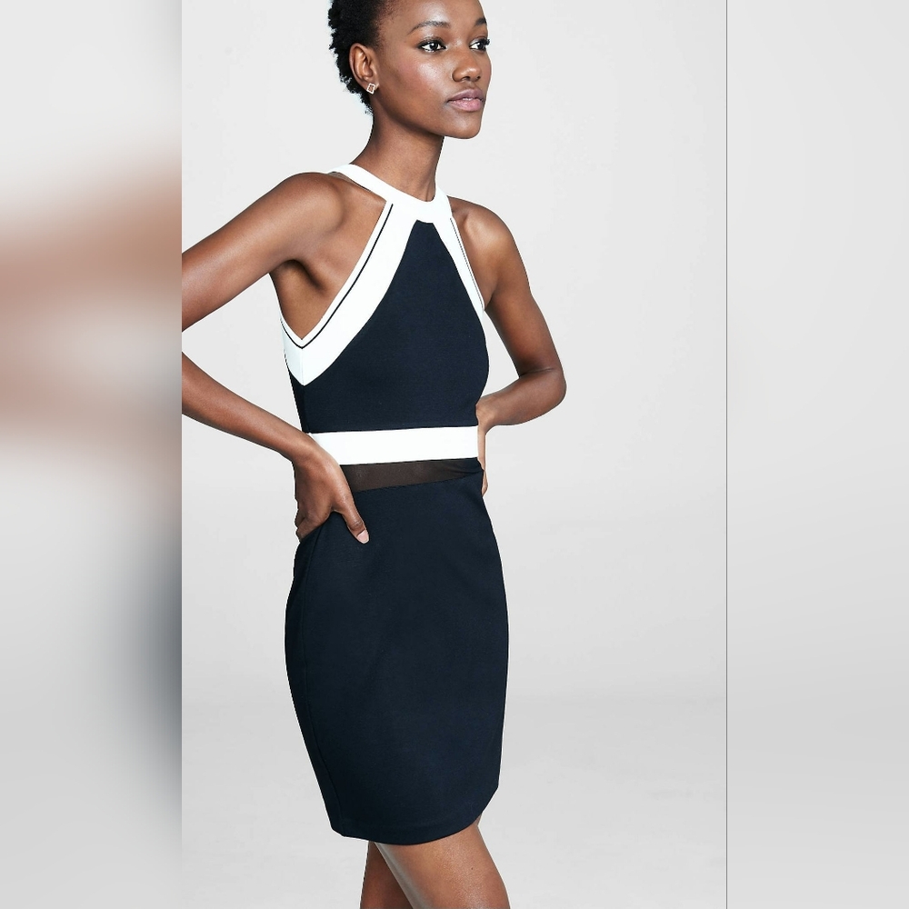 Express Black + White Mixed Panel Halter Dress